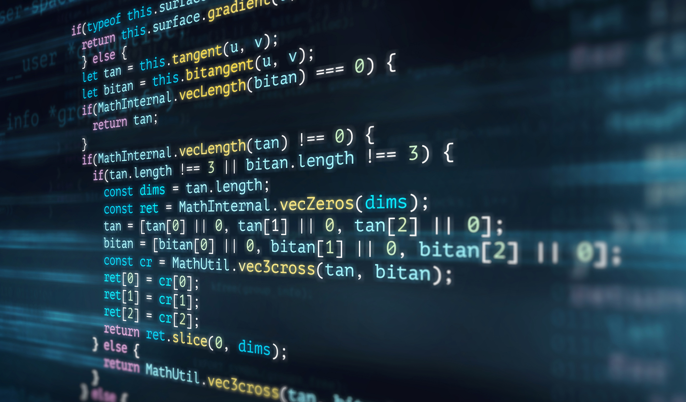 Close-up of syntax-highlighted JavaScript legacy code on a dark screen