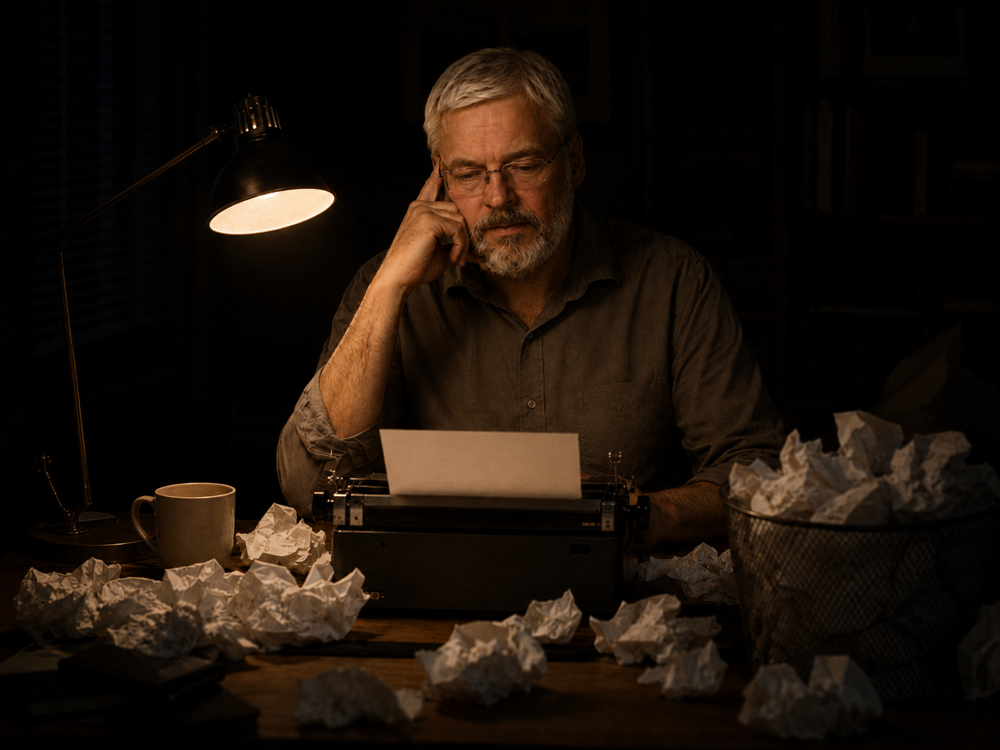 Dave Rooney at a desk by lamplight, reading a page in a manual typewriter, with crumpled drafts scattered around him